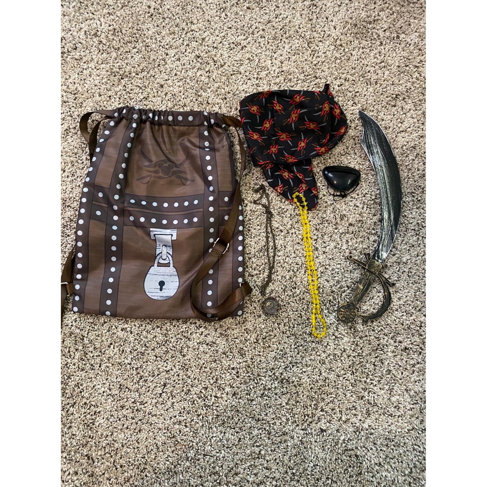 Kids Pirate Costume Accessory Set Treasure Chest Bag Sword Eye Patch Bandana